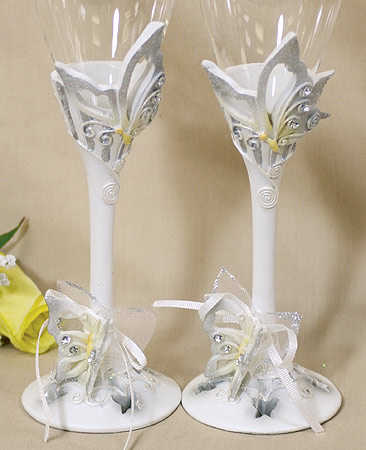 White with Silver Butterflies Toasting Glasses Toasting Flutes Glasses 
