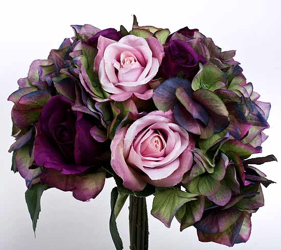 Purple Sage Green Roses and Hydrangea Silk Floral Bouquet Bridal 