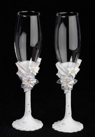 White Glitter Tiger Lily Wedding Champagne Toasting Flutes Toasting 