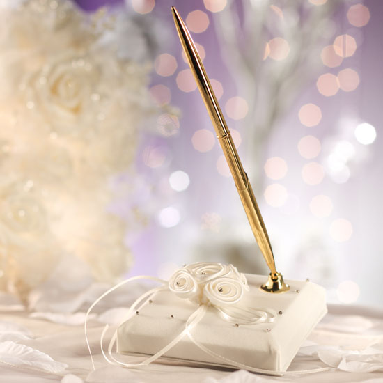 Candlelight Wedding Pen Set with Satin Roses with Rhinestones Guest Books 