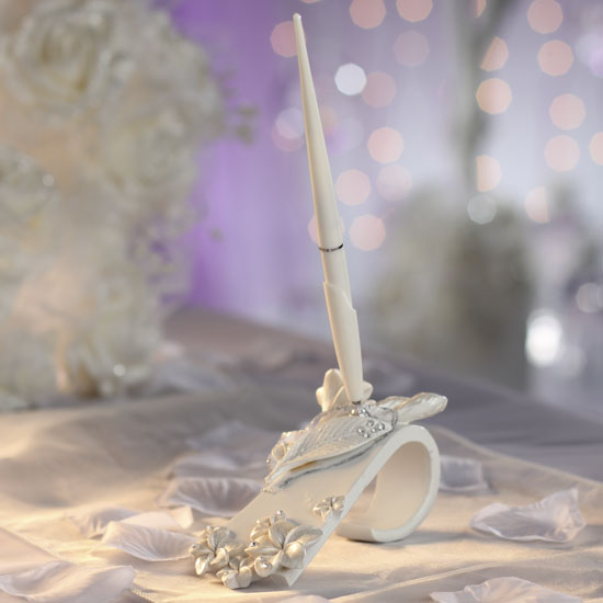 Rhinestone Accented Floral Wedding Guest Book & Pen  