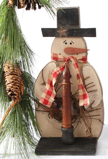 Primitive Rustic Wood Snowman Tapered Candle Holder - Table Decor ...