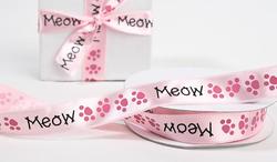 Pink "Meow" Printed Satin Ribbon