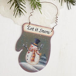 "Let it Snow" Snowman Rusty Tin Mitten Ornament