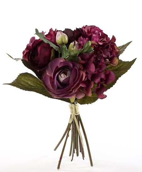 Purple Artificial Ranunculus and Hydrangea Bouquet - Bushes and ...