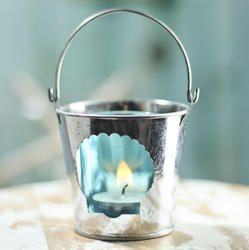Seashell Galvanized Metal and Glass Candle Holder Pail