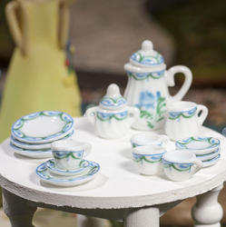 Miniature Blue and Green Floral Porcelain Tea Set