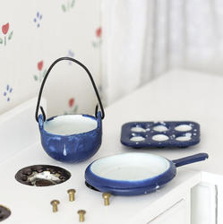 Dollhouse Miniature Blue Speckled Cookware Set