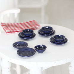Dollhouse Miniature Blue Enamelware Plate Set