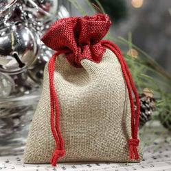 Small Red Accented Faux Burlap Pouch