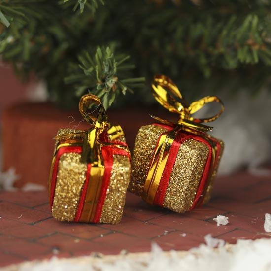 Miniature Gold Glitter Gift Box Ornaments - Christmas Miniatures