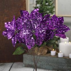 Factory Direct Craft Sparkling Purple Velvet and Sheer Leaf Poinsettia Bush for Indoor Decor 