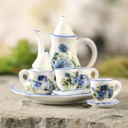 Miniature Blue Rose Ceramic Tea Set