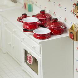 Miniature Red Speckled Enamelware Pots and Pans