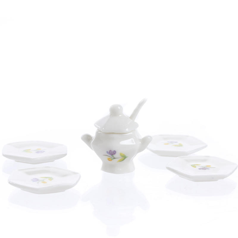 1//12 Dollhouse Miniatures porcelain flower Soup Tureens Bowls Spoons Vases Set