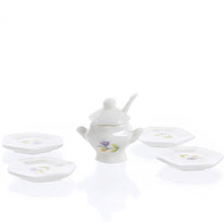 Dollhouse Miniature Porcelain Tureen, Ladle, and Dish Set