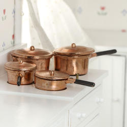 Dollhouse Miniature Complete Set of 4 Copper Cooking Pots & Pans with Lids D3653 