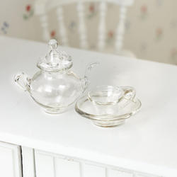 Dollhouse Miniature Glass Teapot and Cup