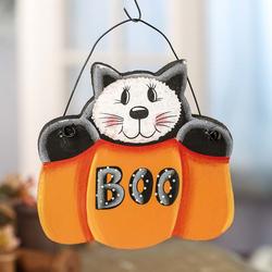 Halloween "Boo" Cat in Pumpkin Ornament
