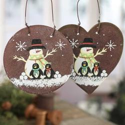 Rustic Snowman and Penguin Ornament