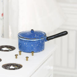 Dollhouse Miniature Blue Speckled Lidded Saucepan