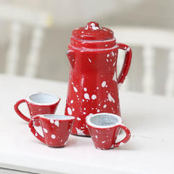 Dollhouse Miniature Red Speckled Coffee Carafe and Cups