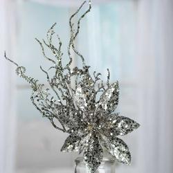 Silver Sparkling Poinsettia and Twig Pick