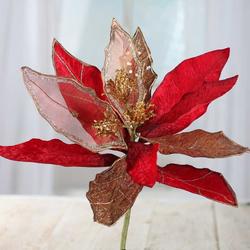Red and Gold Velvet and Mesh Artificial Poinsettia Stem