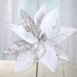 Silver and White Velvet and Mesh Artificial Poinsettia Stem