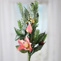 Pink Sparkling Artificial Christmas Rose and Pine Spray