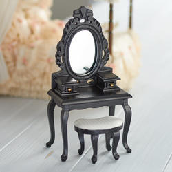 Dollhouse Miniature Mirrored Vanity and Stool Set