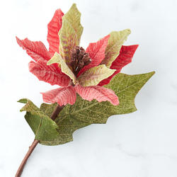 Flocked Red and Green Artificial Poinsettia Stem