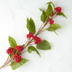 Flocked Red Artificial Berry and Leaf Stem