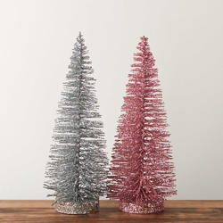 Silver and Pink Glittered Bottle Brush Tree Set
