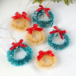 Miniature Frosted Ivory and Green Bottle Brush Wreaths