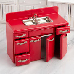 Dollhouse Miniature Red Retro Kitchen Sink and Cabinet Set