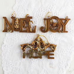 Antique Gold Christmas Ornament Set, Noel, Joy and Hope