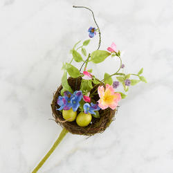 Artificial Bird's Nest Pick with Spring Blooms