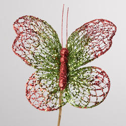 Red and Green Glittered Artificial Butterfly Stem