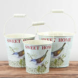 "Sweet Home" Bird Print Tin Planter Set