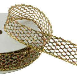 Gold, Red and Green Glittery Wired Mesh Ribbon