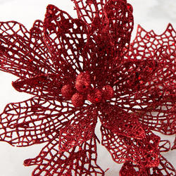 Red Glitter Lace Poinsettia Stem