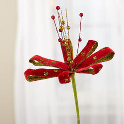 Red and Green Glittered Velvet Ribbon Flower Stem
