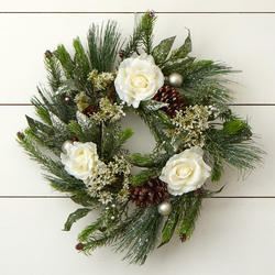 Frosted Cream Artificial Rose and Pine Wreath