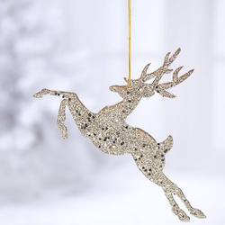 Platinum Glittered Leaping Deer Ornament