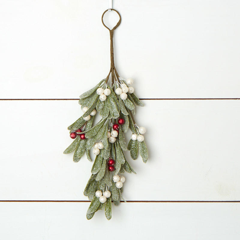 SellerDirect220 Frosted Mistletoe Teardrop Swag Glittered Red Berries Crafts Pinecone 18 Long