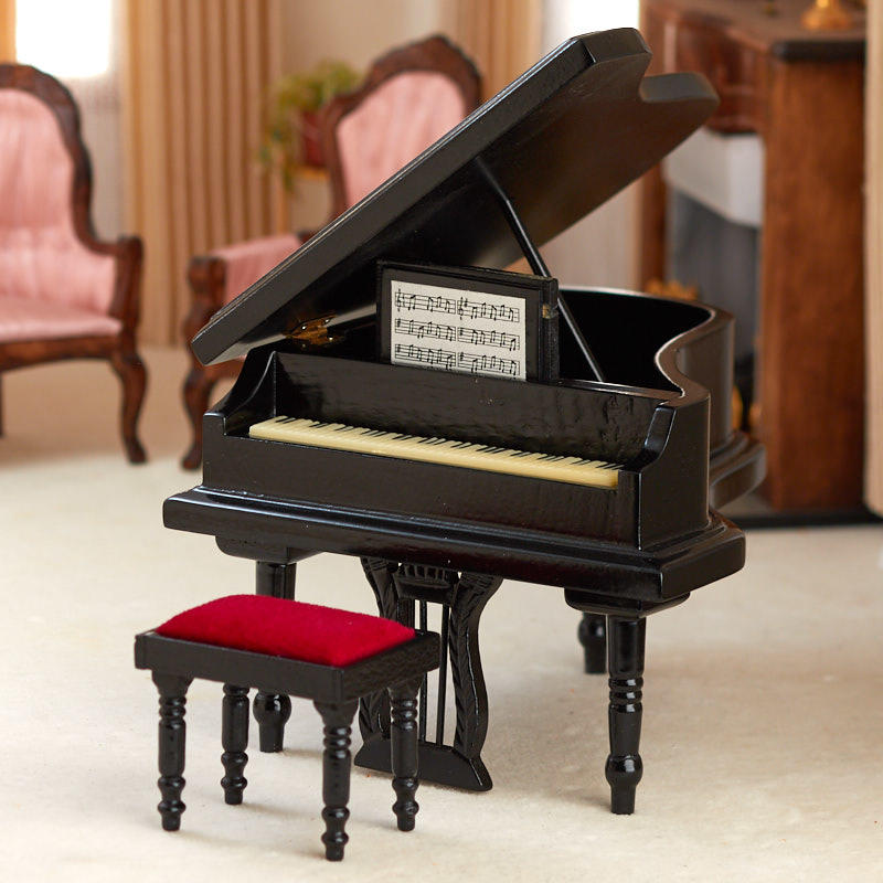café Oumefar Miniature Piano Noir Piano Droit modèle Piano Ornement Instrument de Musique modèle avec Banc Bricolage Arts décoration pour mélomane 