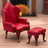 Dollhouse Miniature Red Wingback Chair and Ottoman Set