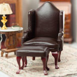 Dollhouse Miniature Brown Wingback Chair and Ottoman Set
