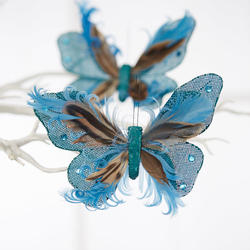 Blue Burlap and Feather Artificial Butterflies